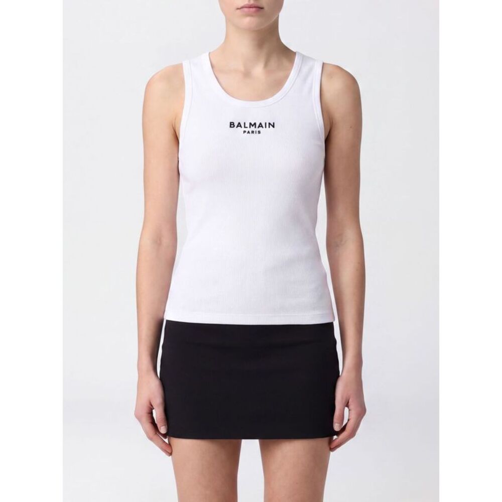 Balmain Women Sleeveless Balmain Cotton Top With Contrasting Logo And Slim Fit